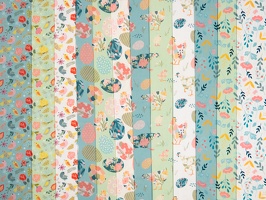 Spring Baumwollwebware alleFarben Blumen Voegel Ostereier Huehner bunt tuerkis pistazie weiss q1