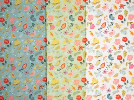 Spring Baumwollwebware Blumen Voegel bunt tuerkis pistazie weiss q1