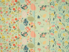 Spring Baumwollwebware Blumen Voegel Ostereier Huehner bunt pistazie q1