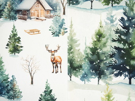 Winterberg Dekostoff Haueser Hirsche Tannen ecru dunkelgruen 102564 103564 q1